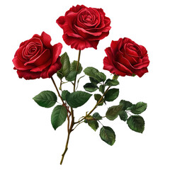 A digital painting depicts three deep red roses with green leaves, elegantly arranged on a single stem isolated on transparent background.