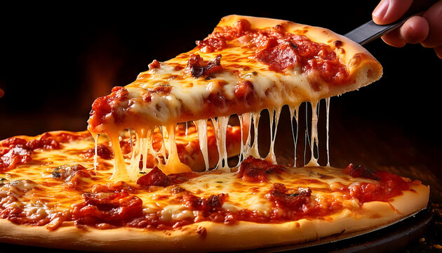 Delicious cheese pizza slice being lifted, showcasing melted mozzarella strings.  Perfect for food blogs, restaurant menus, or any project needing an appetizing image of classic pepperoni pizza.