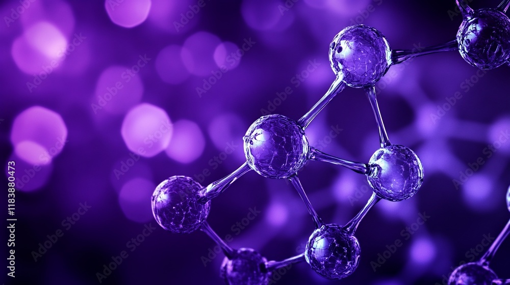 Poster microscopic 3d render of a molecule structure with purple bokeh background.