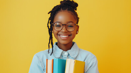 A bright, cheerful student holding colorful books against a vibrant yellow background. Her radiant smile and trendy glasses reflect enthusiasm for learning and the joy of education.