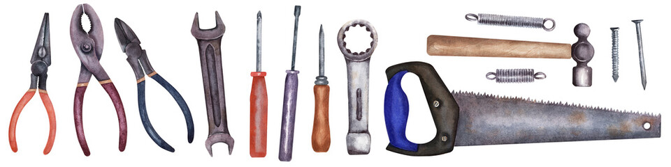 Watercolor illustration with various repair tools