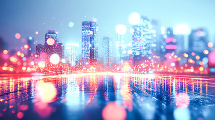 Futuristic cityscape with vibrant lights and reflections at night