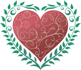 A red heart intricately decorated with elegant gold vines, enclosed by a frame of green leafy vines