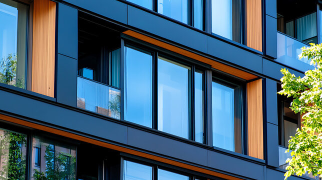 Black frame aluminium windows of building