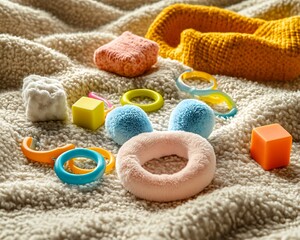 A pastel-colored toy car and soft plush doll placed on a clean, light-colored surface with soft daylight