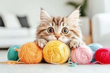 adorable fluffy kitten with big eyes playing with colorful balls of yarn in a bright and cozy home