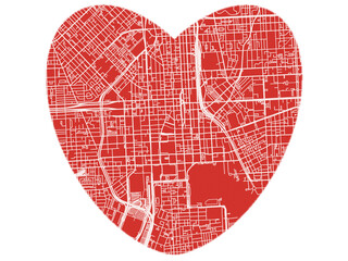 Heart-Shaped Map of Baltimore Center Maryland, USA in Bold Red and White Design.