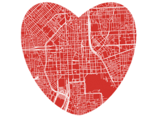 Heart-Shaped Map of Baltimore Center Maryland, USA in Bold Red and White Design.
