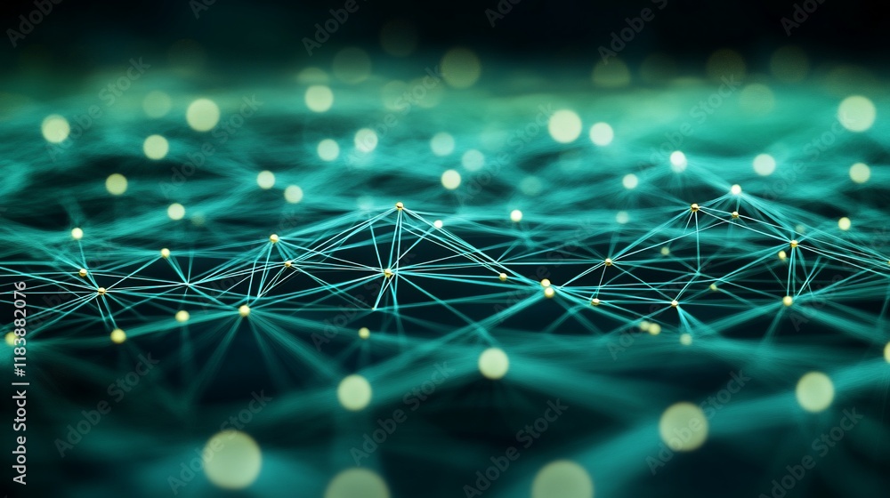 Poster abstract network connection, glowing nodes and lines.