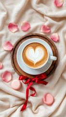 Cappuccino with heart pattern and red ribbon decoration.