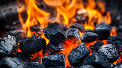 Charcoal for barbecue background with flames