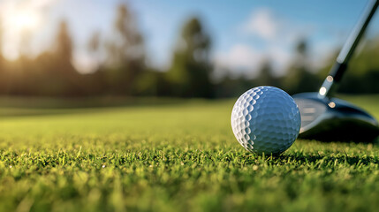 Close-up golf ball on tee with golf drivers at golf course