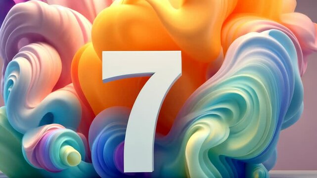Colorful three dimensional number seven. Playful symbol 7. Invitation for a seventh birthday party or business anniversary. Animation.