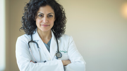 A poised female doctor with curly hair, arms crossed, exuding authority and compassion. Her confident stance reflects her commitment to providing exceptional medical care.