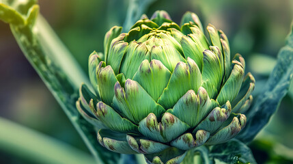 Fototapeta premium Close up of a growing ripe green artichoke