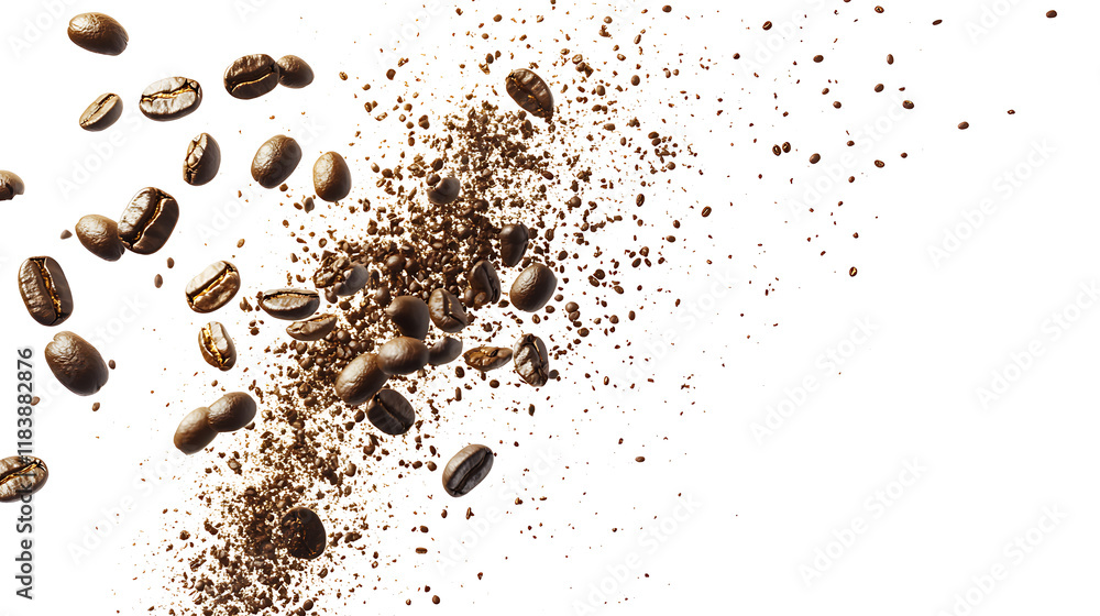 Aufkleber coffee bean fly explosion, coffee crushed mix seed float explode on white background isolated