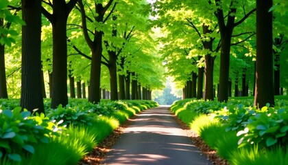 Lush green forest path, sunlit trees, nature walk scenery_