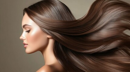 Naklejka premium With effortless grace, her radiant hair cascaded over her shoulders, framing a face illuminated with joy. The glossy strands danced and shimmered