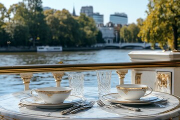 Fototapeta premium Elegant tea setting on a balcony overlooking a river and cityscape.