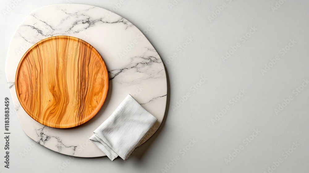 Poster refined marble countertop showcasing a wooden board and neatly folded linen napkin captured from an 
