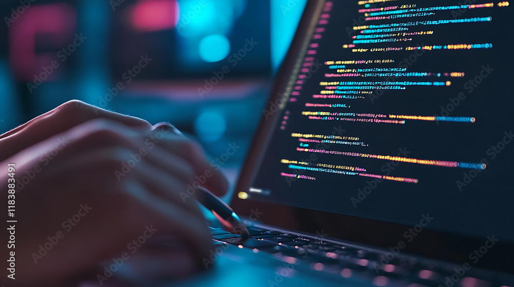 Poster Concept for web development work, programming code, notebook, hand closeup