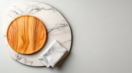 Refined marble countertop showcasing a wooden board and neatly folded linen napkin captured from an aerial vantage point for a clean and modern look  Soft lighting minimalist rendering