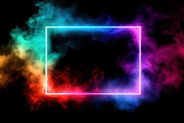 A glowing neon square frame in blue and violet, surrounded by vibrant red, teal, and lime green smoke. Set against a black background, its empty center is ideal for text or logos.