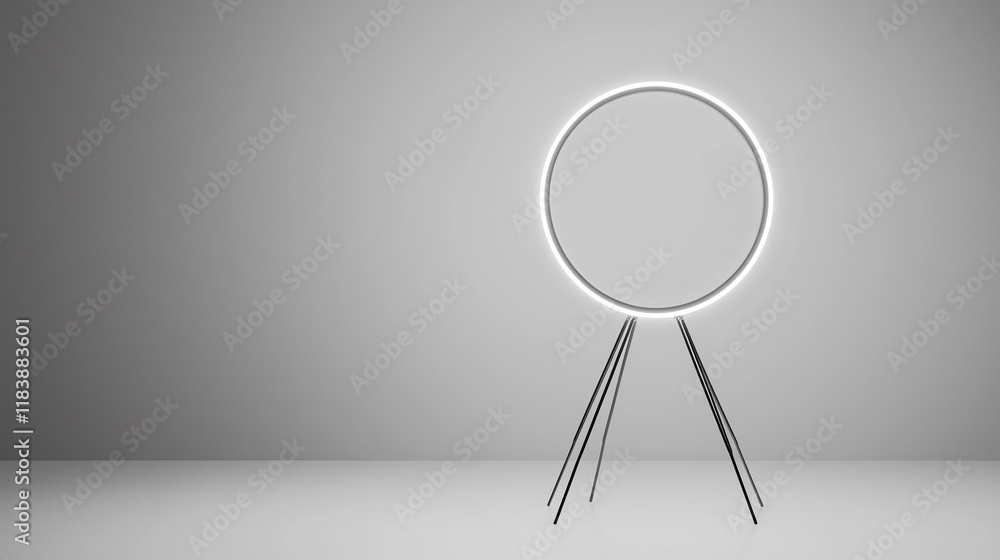 Poster modern circular mirror with led light on tripod stand in minimalist setting