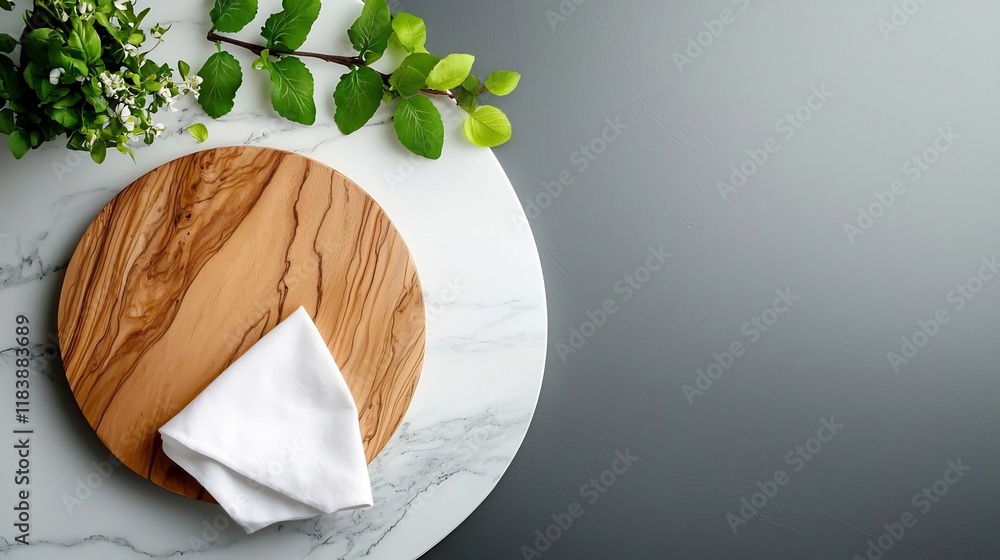 Poster elegant culinary tableau with marble countertop and rustic wooden board top down view showcasing a r