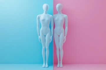 Two mannequins with pink and blue background symbolizing gender identity