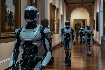Humanoid robots explore an art gallery, walking through hallways lined with paintings. Their sleek, white exteriors contrast with the classical setting.