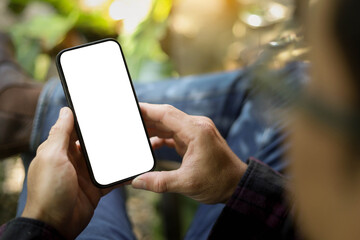 Mobile phone blank white screen mockup.texting using cell phone.background empty space for advertise.work people contact marketing business,technology