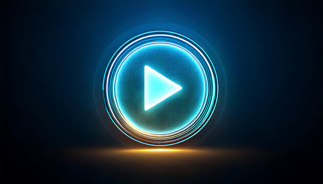 Stunning futuristic play button graphic.  Glowing cyan and gold design perfect for technology, media, entertainment, and website banners.  High-resolution image ideal for digital projects.