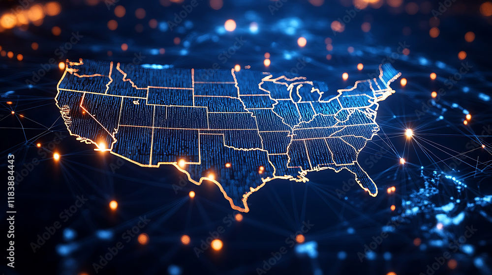 Poster digital map of the usa with glowing connections, symbolizing networking, communication, and technolo