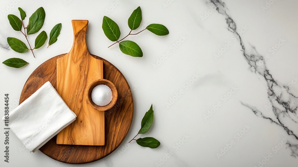 Poster marble countertop featuring a wooden chopping board and a simply folded linen napkin captured from a