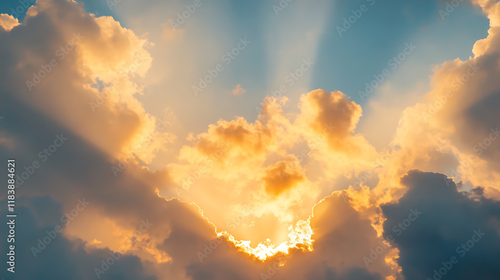 Poster display of white and golden clouds with sunbeams breaking through