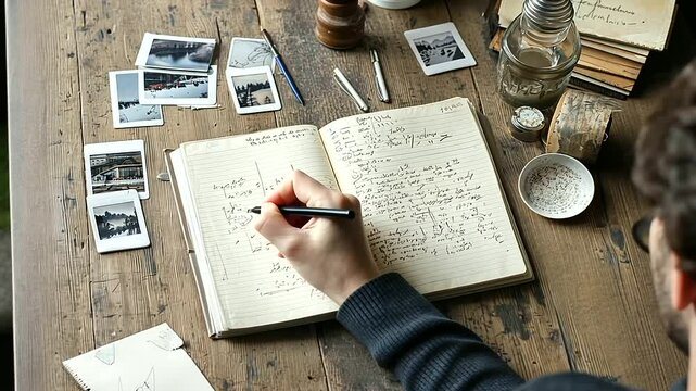 Travel Journal with Handwritten Notes and Souvenirs on Table