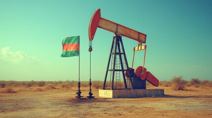 Fototapeta premium Oil pump jack in desert with flag.