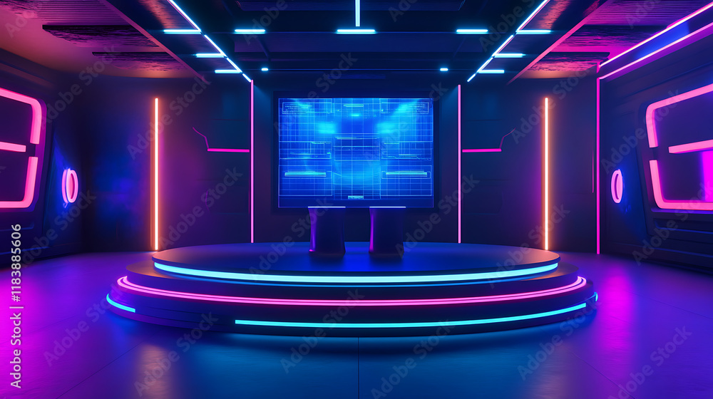 Aufkleber empty podium in a futuristic room with holographic displays and neon light in the background
