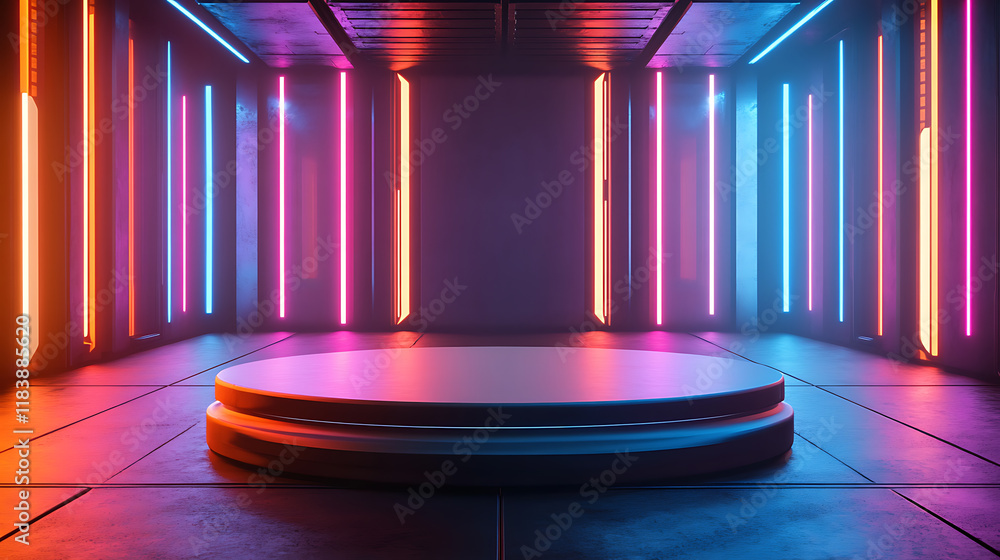 Poster empty podium in a futuristic room with holographic displays and neon light in the background