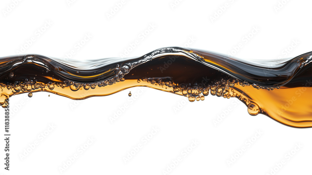 Poster dynamic close up of flowing oil wave with golden and dark tones, isolated on transparency background, showcasing its smooth texture and fluid motion