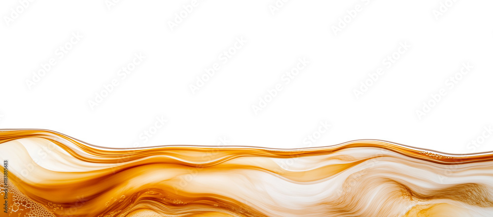 Poster smooth wave of light brown liquid with white swirls flows gracefully, creating dynamic and abstract design. texture and gradient evoke sense of fluidity and motion