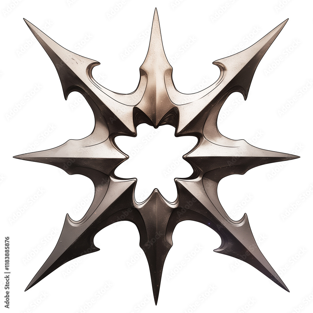 Poster metallic star shaped symbol with sharp, pointed edges and hollow center, featuring sleek and symmetr