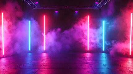 Empty stage with light smoke and neon lights