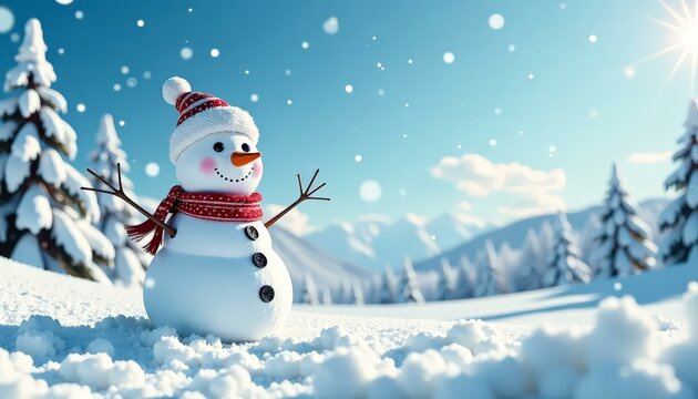 Snowman in Snowy Scene, Winter Landscape, Festive Holidays