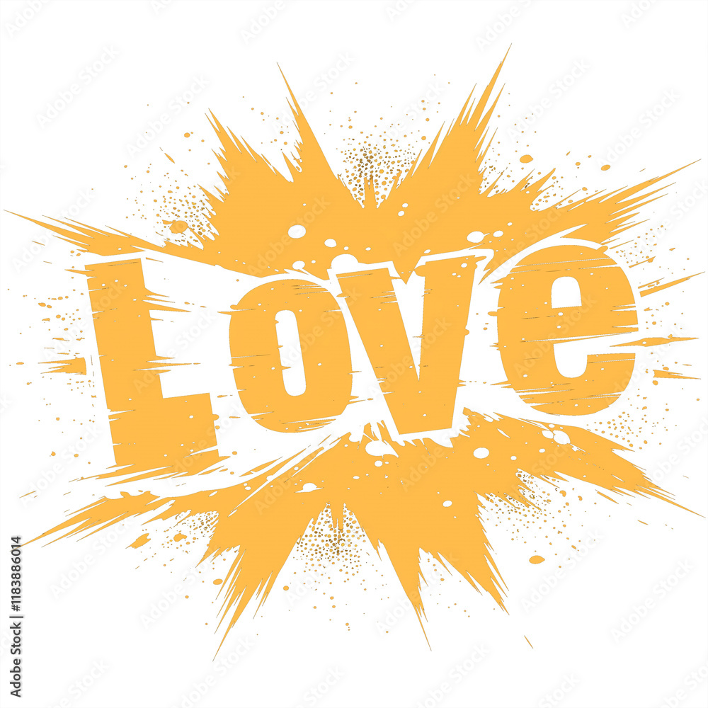 Aufkleber Golden yellow Love text with bright sunburst like brush pattern on transparency background, creating bold and dynamic design