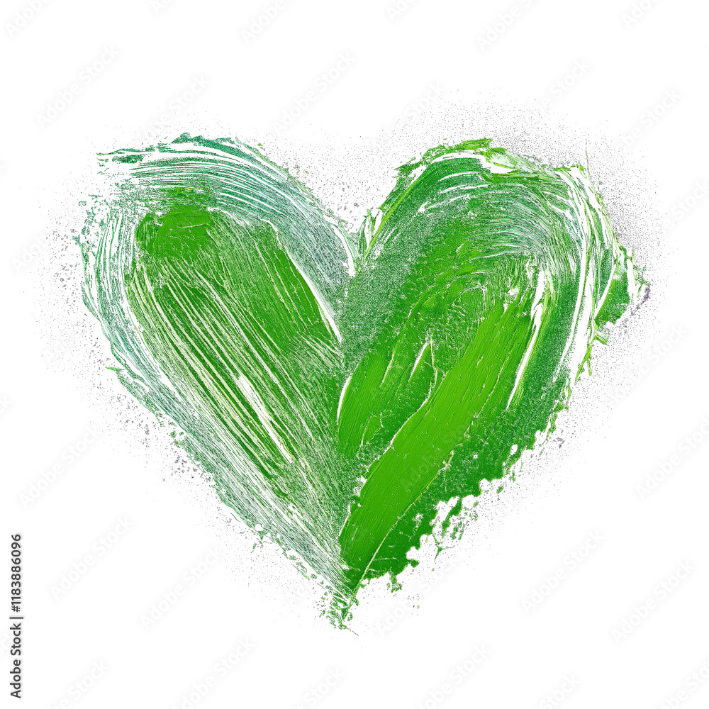 Poster green heart with rough textured brushstrokes, isolated on transparency background, creating bold and
