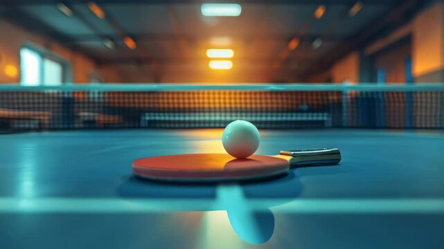 close up of table tennis racket and ball on the blue table background