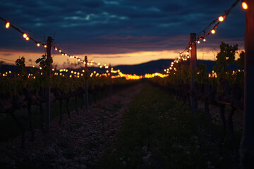 Fototapeta premium A serene vineyard at dusk, illuminated by string lights, creating a cozy atmosphere.