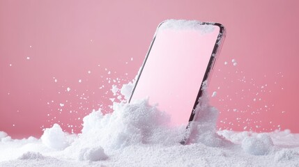 Mobile phone with blank screen on the snow,Smartphone with a white screen in the hands of a young man,copy space,networking service,winter snow time with snowfall.